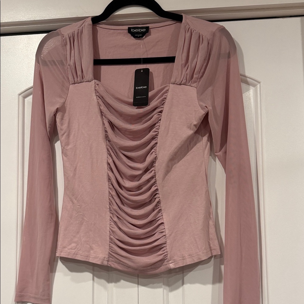 bebe Rose ruched front Pink Long Sleeve Top‎ medium NWT